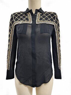 Balmain x H&M Black Pearl and Crystal Beaded Embellished Button-Down Shirt Size